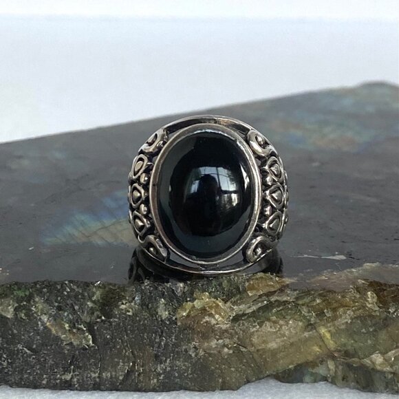 Sterling Silver 925 Chunky Oval Black Onyx Cab Pierced Scrollwork Ring Sz 6.5 - Picture 11 of 16